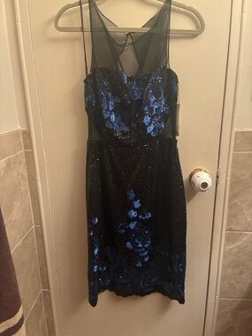 Badgley Mischka Black Midi Dress with Blue Sequin Floral Accents